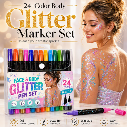 ✨ 24-Color Face & Body Glitter Marker Set with Dual Tips – 12 Double-Sided Pens for Skin-Safe Body Art
