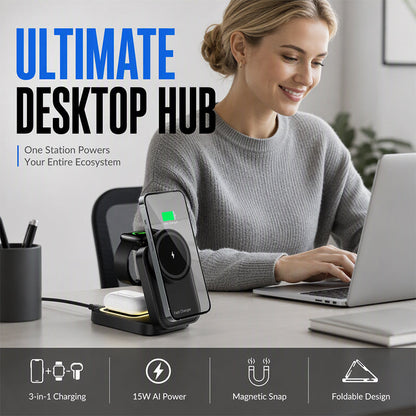 🧲3 in 1 Foldable Wireless Charging Station 15W Fast Charger Desktop Stand