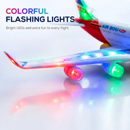 ✈️ Omnidirectional Toy Airplane: Bump-and-Go, LED Lights, Music & Sounds, Impact-Resistant