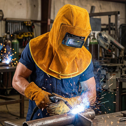 🔥 Heavy-Duty Welding Mask with Neck & Shoulder Drape – Cowhide Split Leather Welding Hood with Solar Auto-Darkening Filter