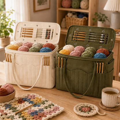 🧶 Canvas Yarn Storage Bag with Needle Pockets – Large Durable Knitting Tote