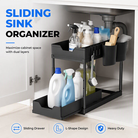 🚰 2-Tier Under Sink Organizer with Hooks