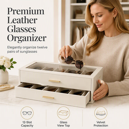 🕶️ Sunglasses Organizer Box: PU Leather, Velvet Lining, Glass Window, Multi-Slot