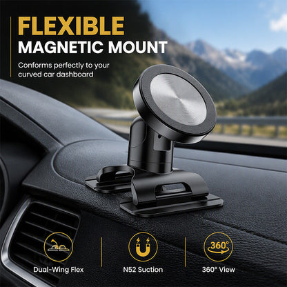 🧲 Universal Strong Adhesive Car Phone Mount: Flexible Magnetic Base Fits Curved Dashboards, Triple-Axis Angle Adjustment