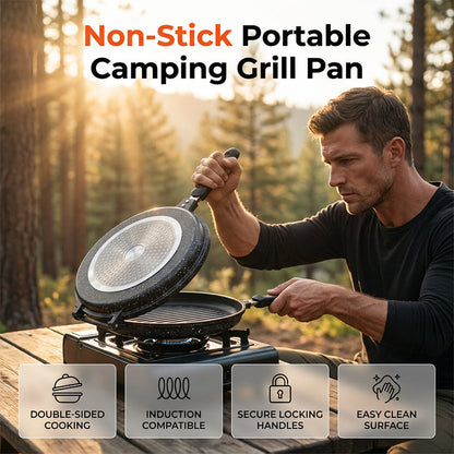🍳 Portable Easy-Clean BBQ Grill Pan: Non-Stick, Double-Sided, Safety Lock, Fits Gas & Induction, Perfect for Camping