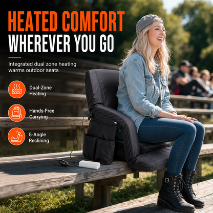 🪑 Heated Stadium Seat: Portable Foldable Chair with Backpack Straps, USB Heating, 5 Angles, Waterproof for Outdoor Events