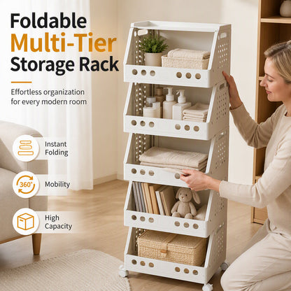 🛒 Multi-Tier Foldable Storage Cart: 4 Tiers, 360° Locking Wheels, Space-Saving, Portable