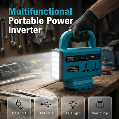 💡 Portable Power Inverter with LED Light: 150W, 200-220V, Dual AC, USB/Type-C, Slide-In Battery Base