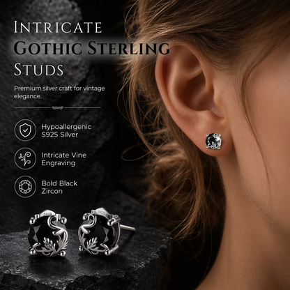 🖤 Gothic Vine Stud Earrings: S925 Silver, Black Zirconia, Hypoallergenic, Lightweight, Vintage Gothic Style