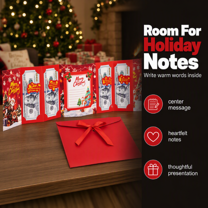 🎄 Festive Cash Gift Card: Multi-Slot Holder, Greeting Message Panel, with Envelope & Ribbon