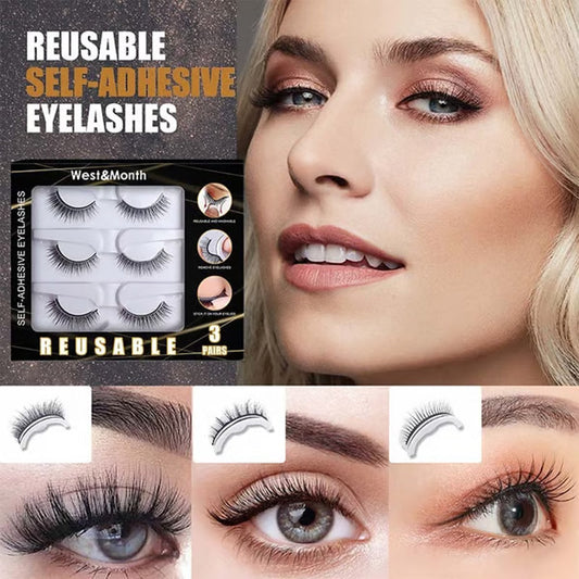 👁️ Reusable Self-Adhesive False Eyelashes: No Glue Needed, 3 Pairs, Natural Look, 3-Second Application