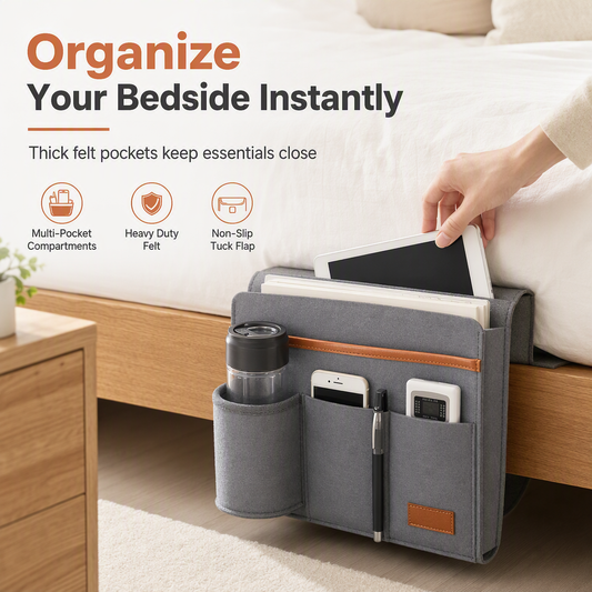 📢📢50% OFF !! 🛏️ Felt Bedside Storage Bag: Mattress Anchor, Sofa Armrest Organizer, Thickened Fabric