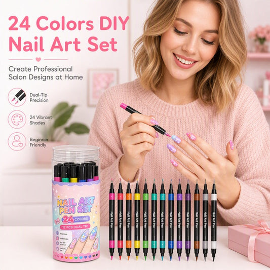💅 24-Color Dual-Ended Nail Art Pens: Fine Liner & Brush Tips, Smooth Ink, Long-Lasting, DIY Manicure