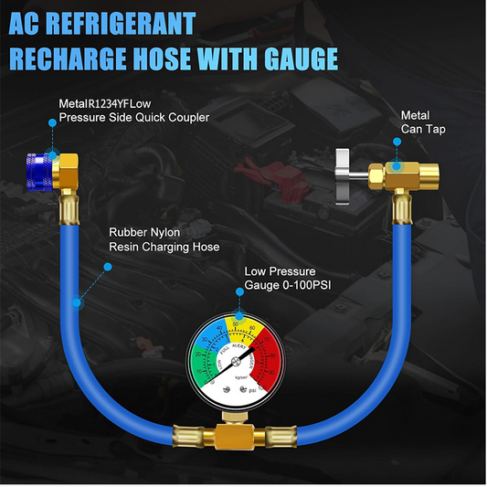 🔧 R1234YF Refrigerant Charge Hose: 0-100 PSI Gauge, Metal Quick Coupler, 600-3000PSI Rating, AC Recharge
