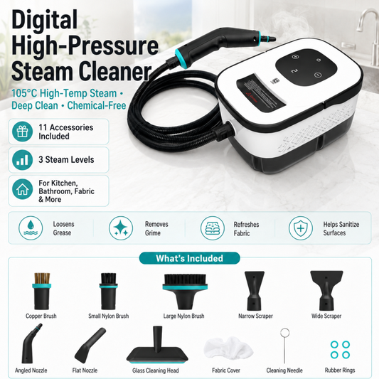 🔥 High-Temp Steam Cleaner: 105°C Sterilization, 4Bar Pressure, 1250ml Tank, 6-Speed Steam, 8 Nozzles
