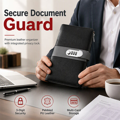 🔐 Password Lock Financial Binder: 3-Digit Combo, Side-Loading Sleeves, Rear Zipper Pocket, PU Leather