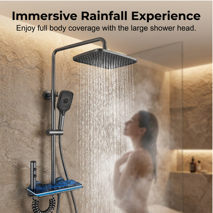 🚿  Digital Shower System: Water-Powered Display, Starry Sky LED, 4 Modes, Storage Shelf