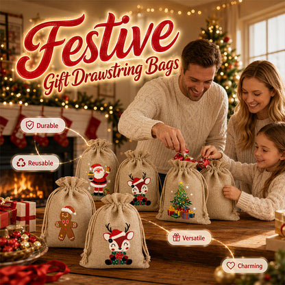 🎄 Christmas Burlap Gift Bags: Drawstring, Festive Print, 2 Sizes, for Treats, Party Favors & Stockings