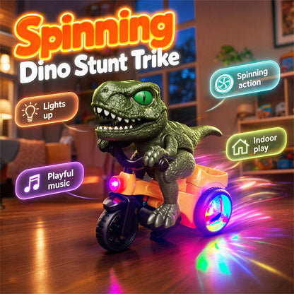 🦖 Spinning Dino Stunt Trike: 360° Spin, LED Wheel Glow, Music, 3-Wheel Stable