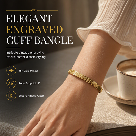 ✨ 18K Vacuum Plated Cuff Bangle: Engraved Vintage Lettering, Titanium Steel, Tarnish-Free, Gold/Silver