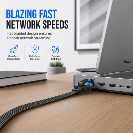 ⚡ Cat8 Flat Braided Ethernet Cable: 40Gbps, 5-Layer Shielded, Oxygen-Free Copper, Anti-Tangle
