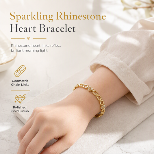 💎 Rhinestone Heart Bracelet: Hollow Geometric Links, Gold Fold Clasp, Light Luxury