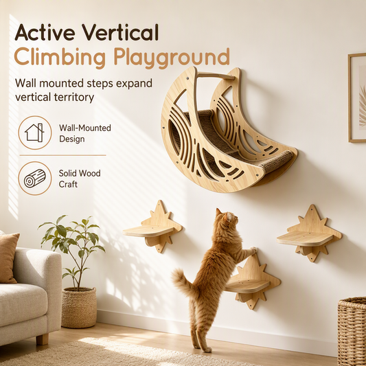 🐱 Wooden Cat Climbing Wall Set: Star Steps, Moon Hammock, Sisal Nest, Space-Saving Vertical Play