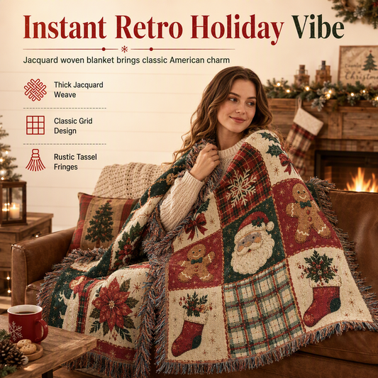 🎄 Vintage Christmas Patchwork Tapestry: Cotton Blend, Tassel Fringe, Jacquard Knit