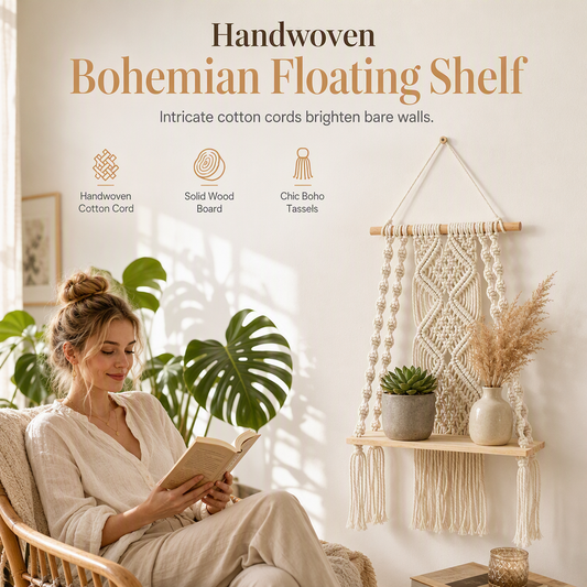 🌿 Bohemian Handwoven Floating Shelf: Macrame Wall Hanging, Wooden Platform, for Plants & Decor