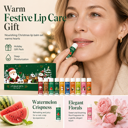 🎁 Christmas Moisturizing Lip Balm: 10 Pieces, Watermelon & Floral, Beeswax, Vitamin E, Gift Box