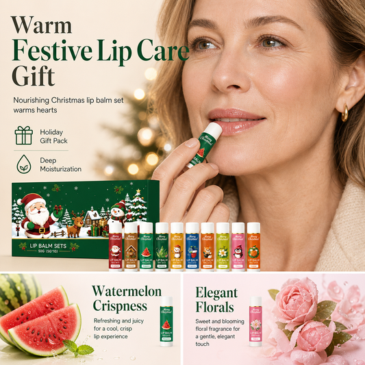 🎁 Christmas Moisturizing Lip Balm: 10 Pieces, Watermelon & Floral, Beeswax, Vitamin E, Gift Box