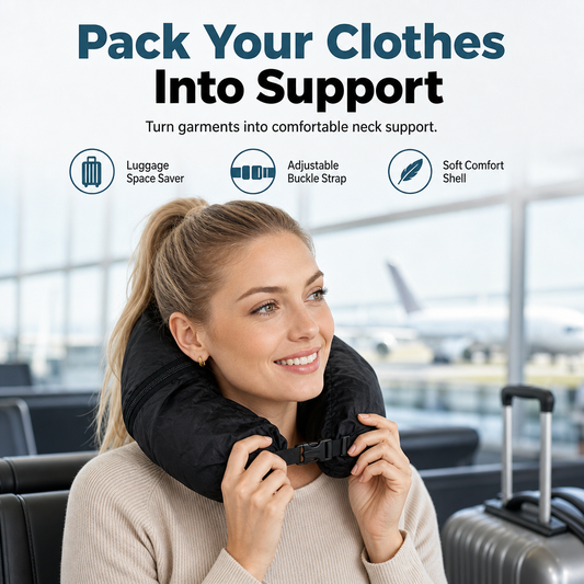 🧳 Stuffable Travel Neck Pillow: Fill with Clothes, Adjustable Strap, Waterproof Lycra, Space-Saving