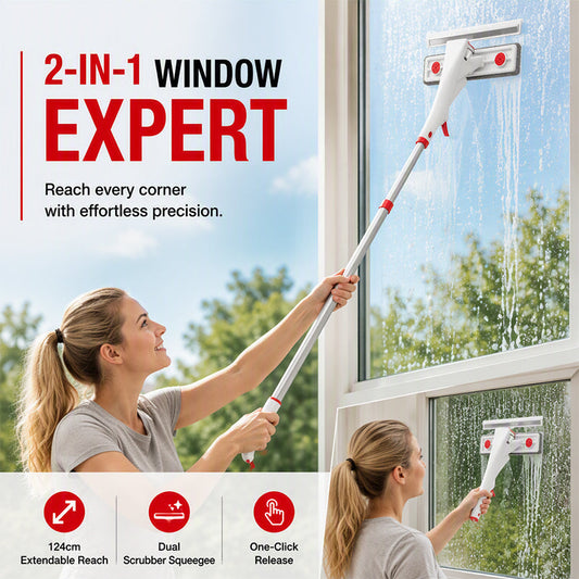 🪟 2-in-1 Extendable Window Squeegee: 124cm Pole, 32cm Handheld, Streak-Free