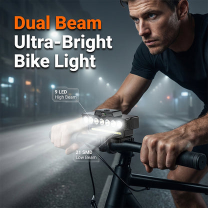 🚴 Dual Beam Bike Light: 30 LEDs, Digital Battery Display, 7 Modes, USB-C, Up to 20H Runtime