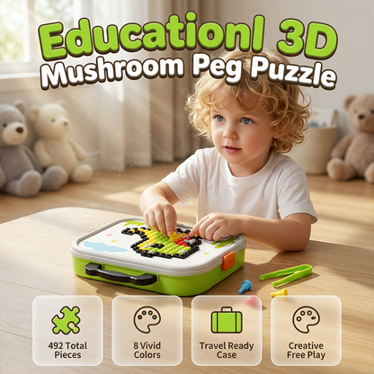 🍄 3D Mushroom Peg Puzzle: 492 Pieces, 8 Colors, Travel Case, Fine Motor Skills, Ages 3+