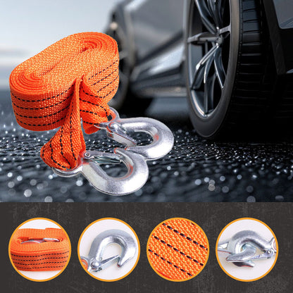 🚗 Heavy-Duty Tow Strap: 3 Ton Capacity, 4m, Steel Hooks with Safety Latches, High Visibility
