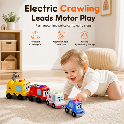 🚂 Magnetic Crawling Toy Train: Interactive Sounds & Lights, Nesting Slots, Textured Wheels