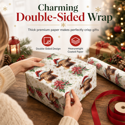 🎄 Double-Sided Christmas Wrapping Paper: Highland Cow Design, Thick, Tear-Resistant, Large Roll