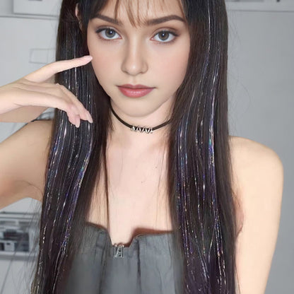✨ Clip-In Hair Extensions with Tinsel: Instant Volume & Length, Invisible Clips, 63cm, Synthetic