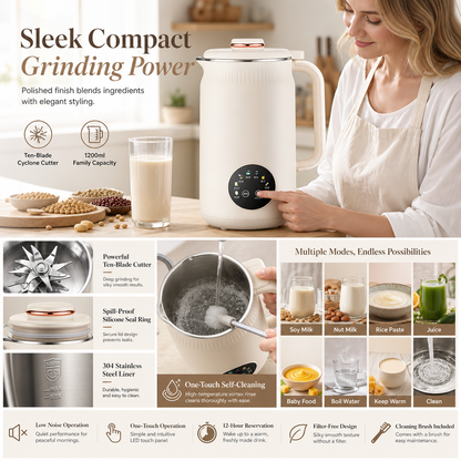 🥛 Automatic Soy Milk Maker: Filter-Free, 10-Blade, High-Cyclone Grinding, Compact