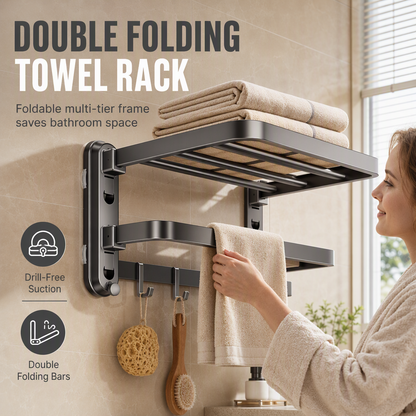 🛁 Double Folding Towel Rack: Vacuum Suction, No Drilling, Space Aluminum, Rustproof, Space-Saving