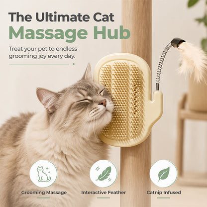 🐱 2-in-1 Cat Groomer & Feather Teaser: Wall-Mounted, Self-Grooming Brush, No Floor Space