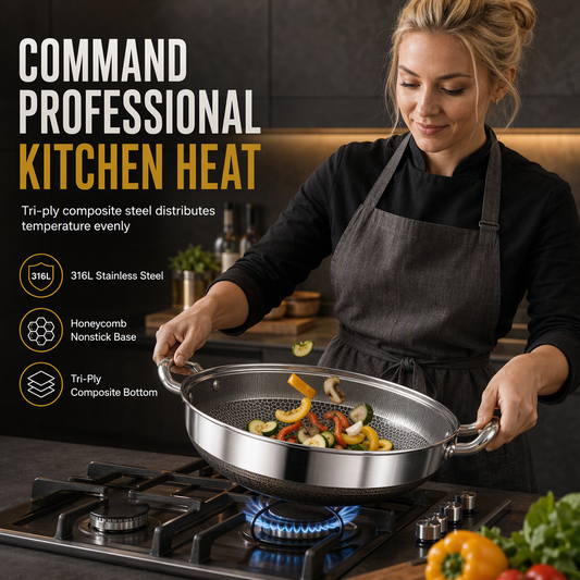 🍳 Tri-Ply Stainless Steel Wok: 3-Layer Thermal Core, Scratch-Resistant, Even Heating, Non-Stick