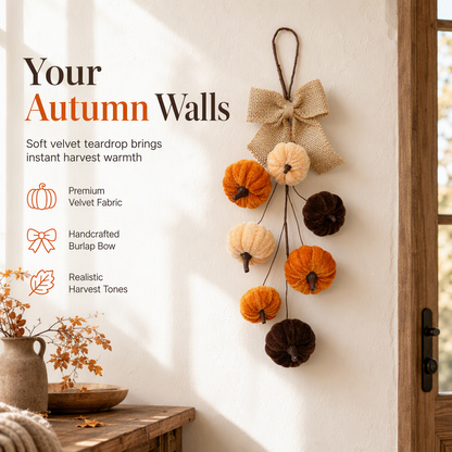 🎃 Plush Velvet Pumpkin Hanging Decoration: Rustic Bow, Handcrafted