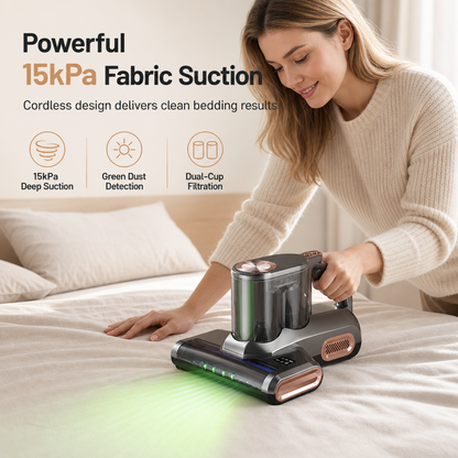 🛏️ Cordless Mattress Vacuum: 15KPa Suction, Green Light Dust Display, Double Cup, Washable