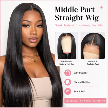 💇 Long Straight Synthetic Wig: Pre-Plucked Hairline, Middle Part, Heat-Resistant, Breathable Cap