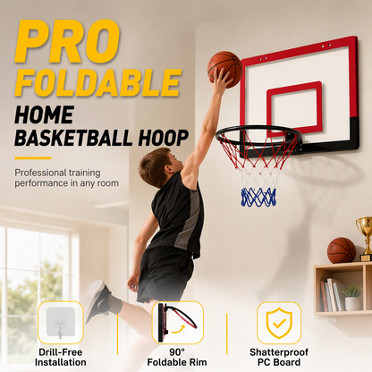 🏀 Indoor Basketball Hoop: No-Drill Adhesive Mount, Foldable, Quiet, Shatterproof Backboard