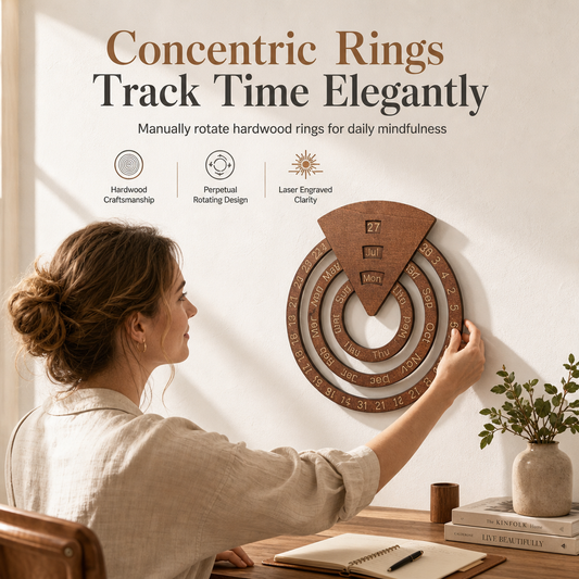 ✨ Concentric Rings Wooden Calendar: Rotating Date Rings, Geometric Wall Decor, Hardwood