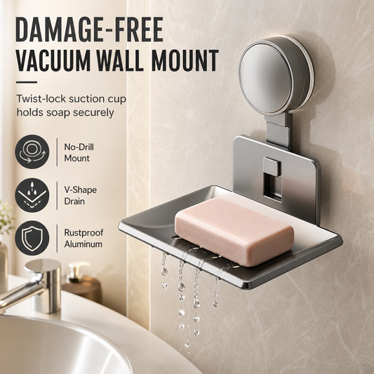 🧼 Vacuum Suction Soap Dish: V-Shaped Drainage, Rustproof Aluminum, No Drilling, Twist-Lock