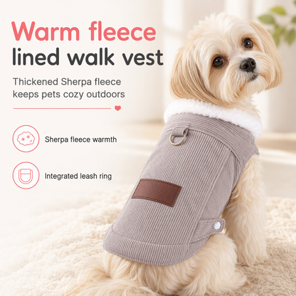 🐕 Fleece-Lined Dog Walk Vest: Built-In Harness Ring, Corduroy, Warm, for Winter Walks